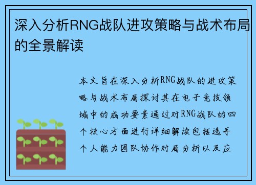 深入分析RNG战队进攻策略与战术布局的全景解读